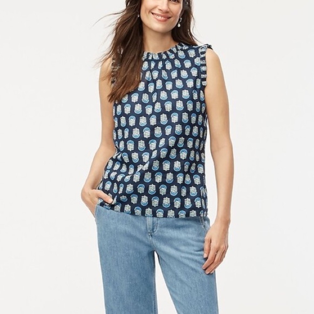 J. Crew printed linen blend ruffle neck top blouse sleeveless blue
Size S